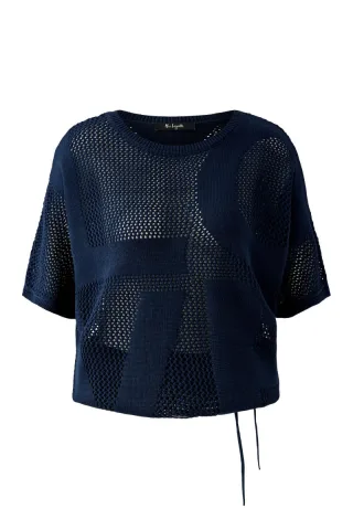 Miss Lagotte - Kurz geschnittener Pullover in lockerem Lochstrick-Design blau - Gr. - 42