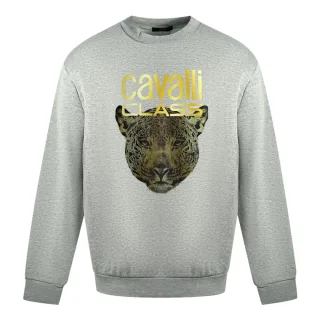 Cavalli Class Leopardenprint-Logo Grauer Pullover