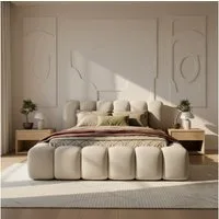 thematys Polsterbett mit Bettkasten, CLOUD 140x200 160x200 180x200 200x200cm (Kopfteil im Oversize-Look und Stauraum – weich, modern und pflegeleicht), hochwertiger Bouclé-Stoff in Kreme und Latte, Inklusive Lattenrost: Holzrahmen,hochwertiger Stoff)