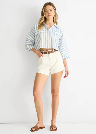 Blau gestreiftes Baumwoll-Crop-Shirt in Übergröße