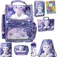 GOLDKIDS Schulranzen für Mädchen, 8er-Set - (Schul-Rucksack für Kinder mit Federmäppchen, 1-tlg., - Schuhbeutel Trinkflasche und Brotdose), - Katze Motiv- 1-3 Klasse