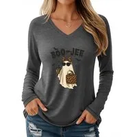PYLIKE Longsleeve Damen Langarm mit Cartoon-Geist Druck bequemes V-Shirt Halloween Special Feiertag tragen