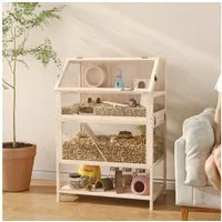 PawHut Kleintierkäfig 3 Etagen Hamsterkäfig aus Holz mit Ablage Laufrad Wippe Rampe Hütte, für Zwerghamster 80 x 53 x 117 cm Naturholz