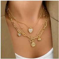 Jungengel Ketten-Set Gold Layering Halskette Damen 3er Set Herz Stern Münze Kette Mode (Schmuckset, 3-tlg., 3 kombinierbare Halsketten im Layering-Design), 3-teiliges Layering Halsketten-Set mit Herz- und Münzanhänger