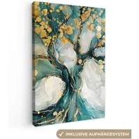 OneMillionCanvasses® Leinwandbild Baum - Modern - Farboptik - Türkis - Gold, Fotodruck (1 St), Leinwand Canvas Wandbild, Wanddekoration 20x30 cm