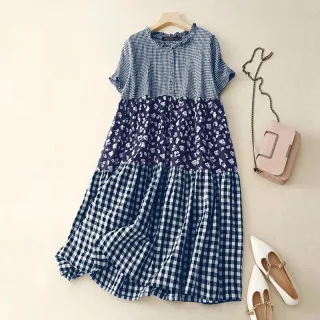 ZANZEA Women Loose Patchwork Check Floral Dress Stylish Short Sleeve Pleated Crew Neck Shirt Dress for Women Plus Size