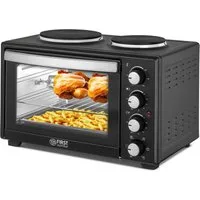 TZS FIRST AUSTRIA Minibackofen Pizzaofen mit Kochplatten, 30L, 3200W, Mini Backofen mit Umluft, max 230°C, Backblech, Drehspieß, Grillrost, Innenbeleuchtung