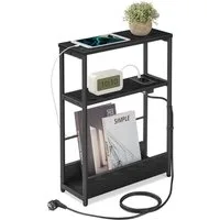 VASAGLE Beistelltisch schmal, Nachttisch, für Wohnzimmer, Schlafzimmer, 18 x 45 x 58 cm, mit Ladefunktion, Couchtisch, 3 Ablagen, ebenholzschwarz-tintenschwarz