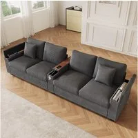 Merax 4-Sitzer Cord Sofa mit USB & USB-C, 1 Teile, Cordsofa mit 2 Zierkissen, klappbarer Mittelarmlehne & Stauraum