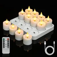 OZAVO LED-Teelichter 12er set Wiederaufladbar LED Teelichter mit Fernbedienung und timer, LED Kerzen mit Timer (2/4/6/8 Stunden), mit Ladestation, Zwei Lichtmodi & dreistufige Helligkeitsregelung