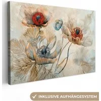 OneMillionCanvasses® Leinwandbild Blumen - Beige - Modern - Illustration, Fotodruck (1 St), Leinwand Bilder Klein, Wand Dekoration Aesthetic 30x20 cm