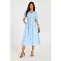 FS Collection Midikleid Damen Midikleid Sommerkleid Jeanskleid mit Knopfleiste Kurzarm (XS (EU:36 / UK:8) · S (EU:38 / UK:10) · M (EU:40 / UK:12) · L (EU:42 / UK:14) · XL (EU:44 / UK:16) Knopfleiste, Puffärmel, elastische Taille hinten
