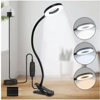 LQWELL LED Klemmleuchte Ringlicht, Clip-On, 3 Farben, dimmbar, emmleuchten Leselampe Buch, LED fest integriert, 3000K Warmweiß, 4500K Naturweiß, 6500K Kaltweiß, flexibler Schwanenhals, USB, Schlafzimmer Deko