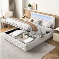 ADWOLT Polsterbett LED Hydraulisches Stauraumbett Doppelbett Samt, (Set, 1-tlg., Verstellbare Kopfteilhöhe), 140x200cm Beige