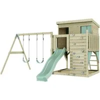 OutdoorToys Spielturm Nils, aus Holz in Mintgrün mit Kinderschaukel & Rutsche, Kletterwand
