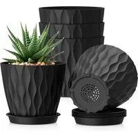 ibettertec Pflanzkübel 15 cm Blumentopf Pflanztopf, 5er Set Dick Kunststoff Pflanztöpfe (3D-Wellentextur Übertopf für Einblatt, Efeutute & Innen Außen Pflanzen, Schwarz)