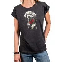 MAKAYA Kurzarmshirt mit Hundemotiv für Damen Rosen Blumen Hunde Aufdruck (Schwarz, Blau, Grau, 34, 36, 38, 40, 42, 44, 46, 48, 50) aus Baumwolle