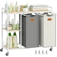 VASAGLE Wäschekorb Wäschesortierer, Rollen, Wäschewagen mit Ablagen, Wäschesack, Wäschekorb 2 Fächer, Wäschesammler 100 L, mit abnehmbaren Taschen