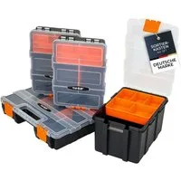 HMF Sortimentskasten Sortierbox leer, Sortimentskasten für Werkzeug und Kleinteile (Set, 4 Boxen), 49 Fächer, transparenter Deckel, Schwarz-Orange