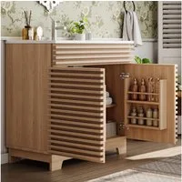 Flieks Waschtisch Waschbeckenunterschrank mit eingebauten Regalen & 3D-Horizontalstreben (91x46x80 cm, 1-St., bodenstehend, Badzimmer Doppeltürschrank mit Soft-Close-Scharnieren), Badmöbel Badezimmerschrank mit Türablagen Waschbecken Natur