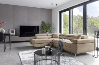 Ecksofa Schlafsofa SARRA in Stoff Paros Beige Ottomane Links