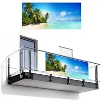 MuchoWow Balkonsichtschutz Meer - Palme - Strand - Tropisch - Blau - Grün (1-St) Balkon Sichtschutz 90x200, Windschutz für Zaun PVC, 200x90 cm