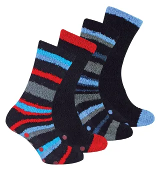 4 Paar Herren Bettsocken |Thermal Anti-Rutsch Fuzzy Slipper Socken - Blau / Rot gestreift