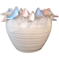 Dekowunder Blumenkasten Weißer Pflanztopf "Vögelchen" aus Steingut mit bunten Vögeln, Ø 22 cm