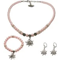 Alpenflüstern Ketten-Set Trachtenschmuck-Set Perlen-Trachtenkette, Armband & Ohrhänger Strass-Edelweiß (rosa-ros), - Damen Trachten-Schmuck, Trachtenset Dirndl-Kette, Armkette, Ohrringe
