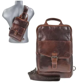 Crossover Bag Leder 21x32cm teakbraun | Greenburry Rugged Slingbag mit 150cm Gurt. Strukturierte Brusttasche mit Kartenfächern und Stiftschlaufen.