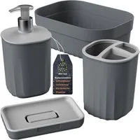 Engelland Badaccessoire-Set Badezimmer-Set, 4-teilig, bestehend aus Seifenspender, Seifenschale, Zahnbürstenhalter & Organizer, Vorteils-Set, 4 tlg., 4-teilig, modernes Design, robuster Kunststoff, BPA-frei, Rillen-Optik