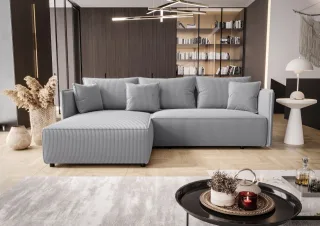 Ecksofa Schlafsofa EVORA Stoff Poso Hellgrau Ottomane Links