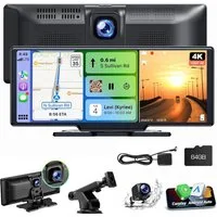 ESSGOO 4K 10.26" Wireless Carplay Android Auto Display Vorne Rückfahrkamera Navigationsgerät (Tragbar Autoradio Rückfahrkamera IPS Touchscreen GPS Navi FM AUX)