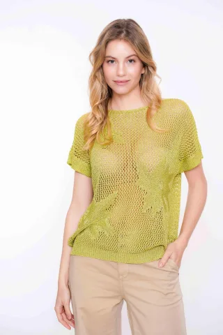 Geisha Fashion Women - Pullover crochet lurex flower green/gold - Gr. - S