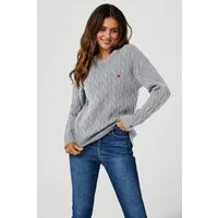 FS Collection Strickpullover Damen Strickpullover Zopfmusterpullover Pullover-Oberteil mit Herz (Einheitsgröße: UK 8–16 / EU 36–44, 4 Farben : Navy, Grau, Dark Fuchsia und Creme) 56% Viscose, 26% Polyester, 18% Wool