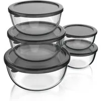 Arendo Salatschüssel 5x Glasschüsseln + Deckel 1L, 1,5L, 2L, 2,7L & 4,4L, Glas Rührschüssel, Glas, (5er Set, 5-tlg), Glasschale, BPA-frei, spülmaschinen- und mikrowellengeeignet