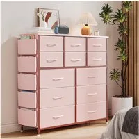 GarveeMore Kommode Schrank Schlafzimmer Wohnzimmer Flur, Schrank, 12 Schubladen mit Griffen,Rosa,99x30x110CM