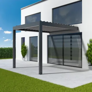Pergola 3x3 m, Anbaupergola aus Aluminium, 2 Pfosten, Anthrazitgrau RAL 7016, 3000x3000 mm oder nach Maß