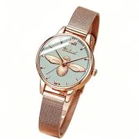 ibettertec Quarzuhr Damen Armbanduhr, Elegante Quarzuhr mit 3D Bienen-Motiv Bienen Motiv Uhr, Zarte Roségold Uhr mit grauem Zifferblatt, ideal für Alltag, Büro und als Geschenk, Mineralglas, Edelstahlarmband,30M Wasserdicht & Mesh-Armband