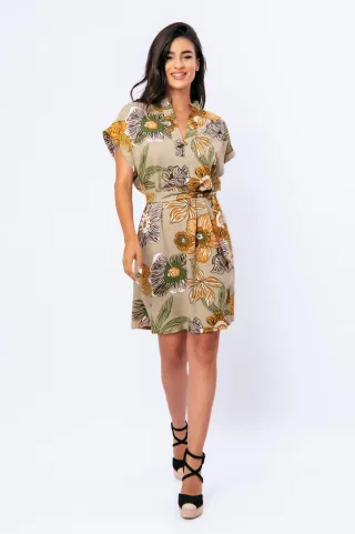 Midi-Kleid im Leinenstil mit auffälligem Blumenmuster und Mandarin-Kragen