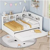 Flieks Massivholzbett, Doppelbett 140x200cm mit Stauraum, USB-Aufladen und Unterbett 90x190cm