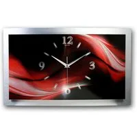 Kreative Feder Funkwanduhr 3D Designer-Wanduhr „Red Wave" aus gebürstetem Aluminium (3D-Wölbung, einzigartiges Zwei-Platten-Design, flüsterleises Uhrwerk)