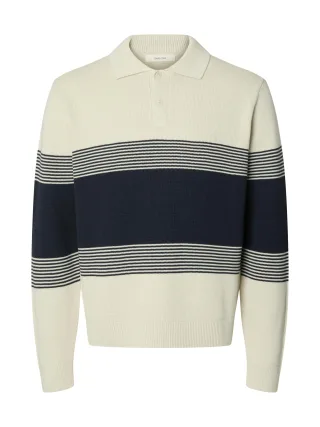 selected men - SLMDANE LS KNIT STRIPE POLO Silver Birch - Gr. - L