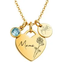 BS Schmuckdesign Kette mit Anhänger mit Gravur Personalisierte Halskette Damen Herzkette Name und Monatsblume Gravur (inkl. Gravur), vollständig personalisierbar inkl. Geschenkbox