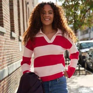 Feinstrick-Polopullover mit Rugbystreifen in Petite-Größe, Damen, size: petite, Rot, Baumwolle, by Lands' End