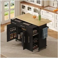 OKWISH Küchenwagen Multifunktionale Kücheninsel,Küchewagen, mit Schubladen, (Kücheninsel mit Drop Leaf, Storage Cart auf Rädern – Mobile Rollwagen mit 3-Tier Pull-Out Organizer, Handtuchhalter und 2 Schubladen., L 120x W 40(65)x H 90cm), mit 2 Schubl