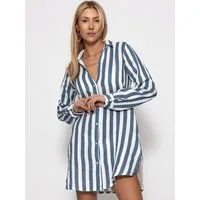 SASSYCLASSY Strandkleid Gestreiftes Strandkleid für Damen Weiches Hemdblusenkleid aus Musselin mit langen Ärmeln Blau Taupe