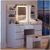 Furnicopia Schminktisch Einstellbare Helligkeit mit 7 Schubladen und 8 offenen Ablagefächern (Größe: 110 x 40 x 139 cm, Integrierte LED-Leiste mit einstellbaren drei Farbtemperaturen, Optional erhältlich mit Hocker mit Stauraum-ostern geschenke)