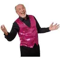 dressforfun Anzugweste Gilet, Hoher Tragekomfort, perfekter Sitz, Herren-Weste einfarbig (Festweste, Konfektionsgröße S in pink) Vorn mit glitzernden Pailletten, Feiner Glanzstoff auf der Rückseite