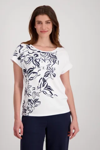 monari - Blumen Motiv T Shirt mit Schrift weiß - Gr. - 36